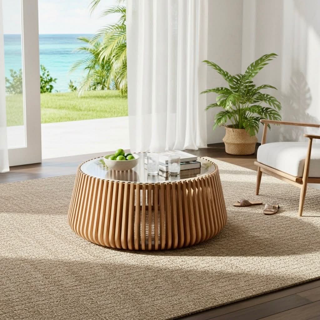Table basse ronde en teck d'exception ajouré avec plateau en verre — Décors & Bois