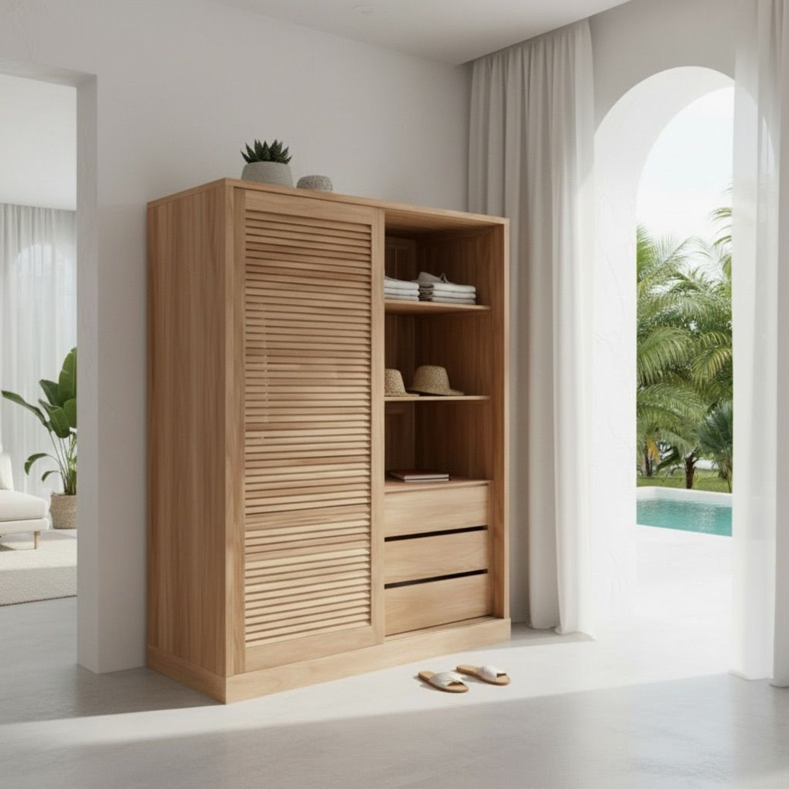 Armoire en teck d'exception dans un intérieur lumineux et minimaliste avec vue sur jardin tropical — Décors & Bois